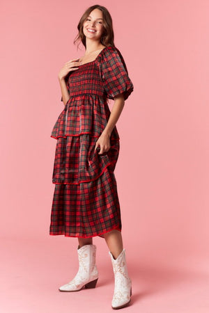 PEACH LOVE Women's Dresses Christmas Plaid Silky Organza Tiered Midi Dress