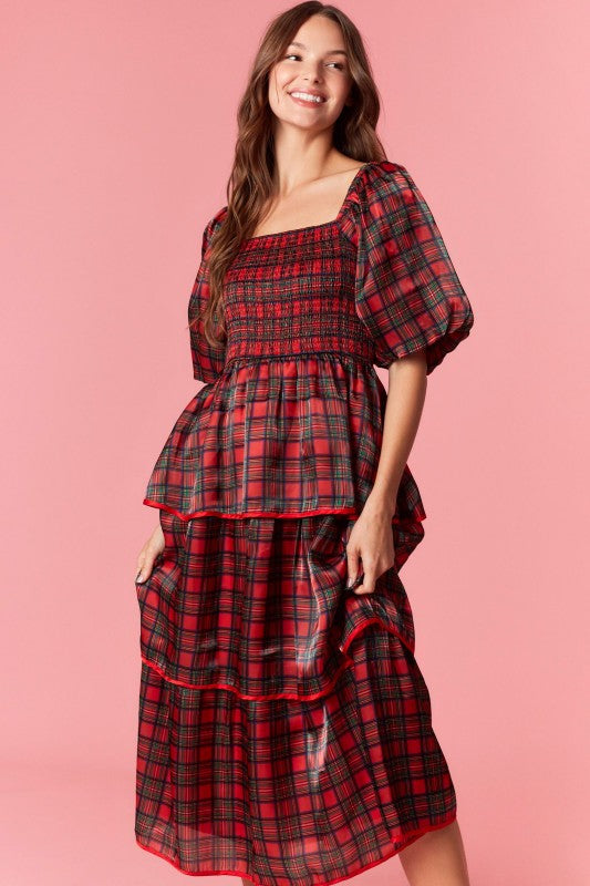 PEACH LOVE Women's Dresses Christmas Plaid Silky Organza Tiered Midi Dress