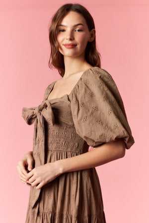 PEACH LOVE Women's Dresses Ditsy Eyelet Smocked Bow Front Bubble Sleeve Dress