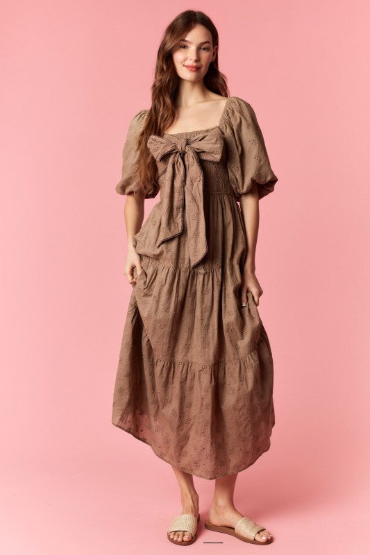 PEACH LOVE Women's Dresses Ditsy Eyelet Smocked Bow Front Bubble Sleeve Dress