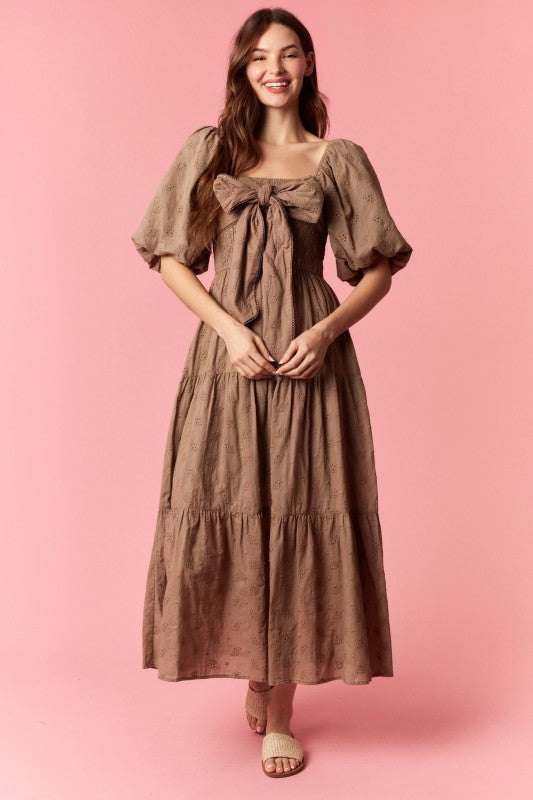 PEACH LOVE Women's Dresses Ditsy Eyelet Smocked Bow Front Bubble Sleeve Dress