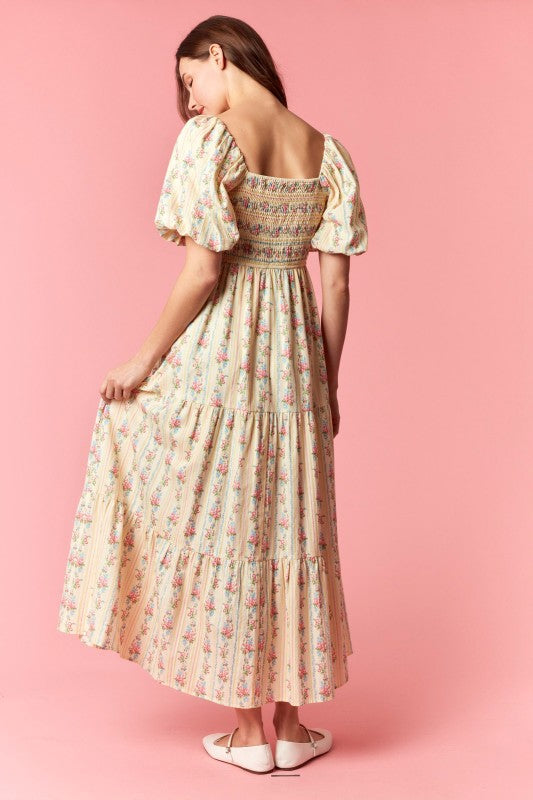 PEACH LOVE Women's Dresses Floral Stripe Mix Bubble Sleeve Smocked Maxi Dress