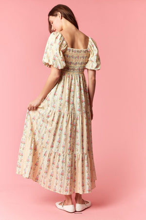 PEACH LOVE Women's Dresses Floral Stripe Mix Bubble Sleeve Smocked Maxi Dress