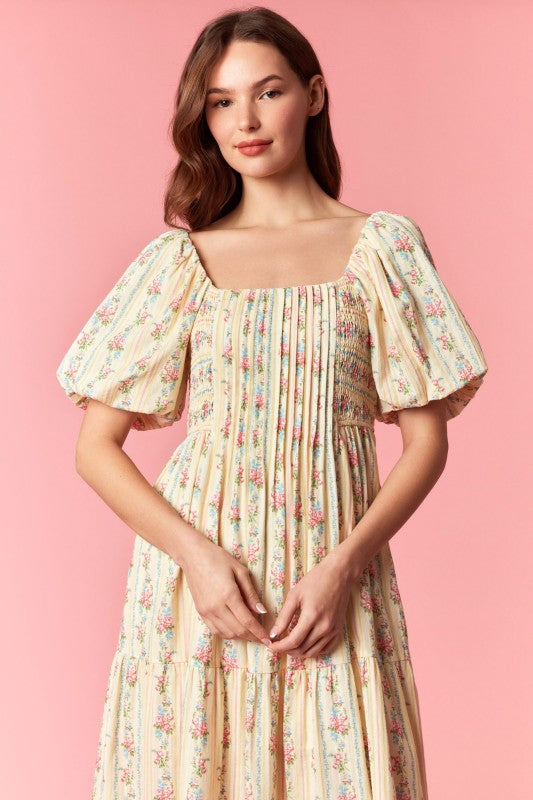 PEACH LOVE Women's Dresses Floral Stripe Mix Bubble Sleeve Smocked Maxi Dress