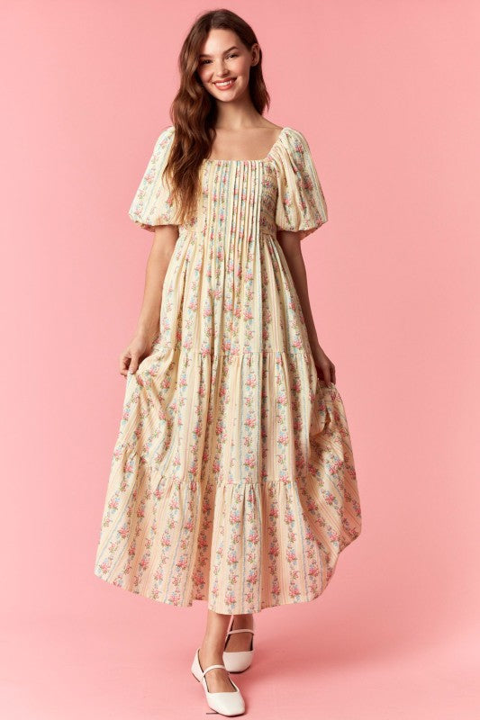 PEACH LOVE Women's Dresses Floral Stripe Mix Bubble Sleeve Smocked Maxi Dress