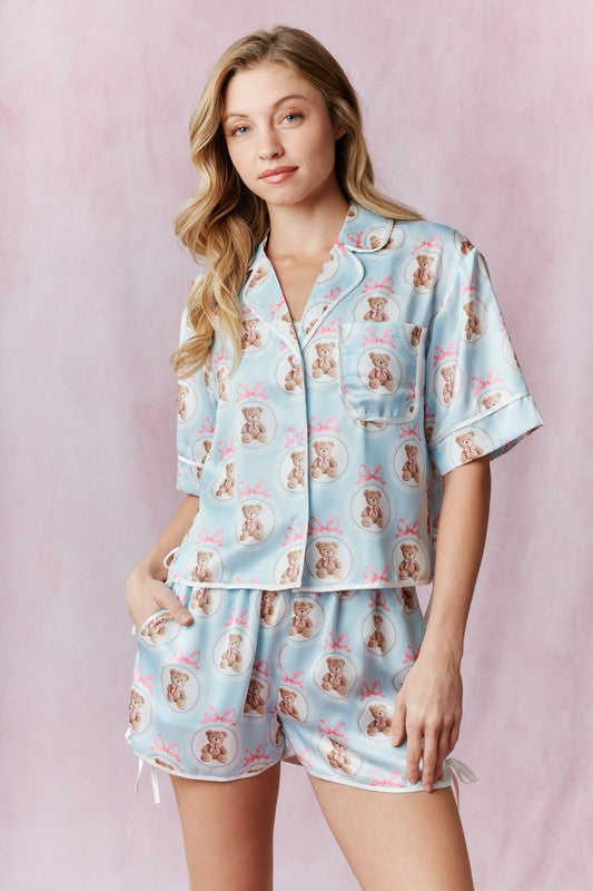 PEACH LOVE Women's Dresses Printed Contrast Tie Detail Satin Pajama Set || David's Clothing