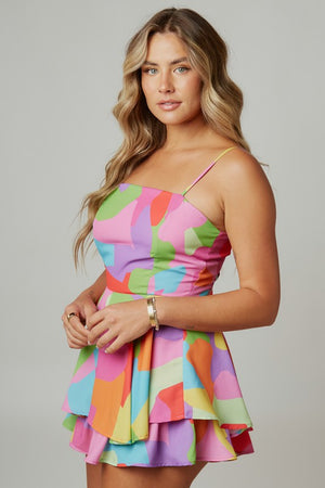 PEACH LOVE Women's Romper Abstract Print Tiered Romper || David's Clothing