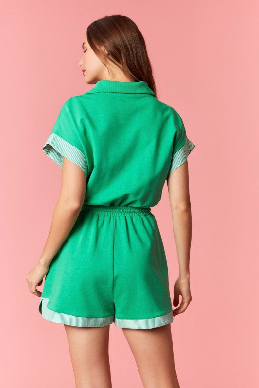 PEACH LOVE Women's Romper French Terry Stripe Band Zip-up Romper