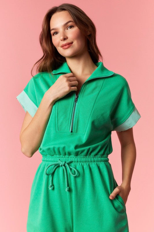 PEACH LOVE Women's Romper French Terry Stripe Band Zip-up Romper