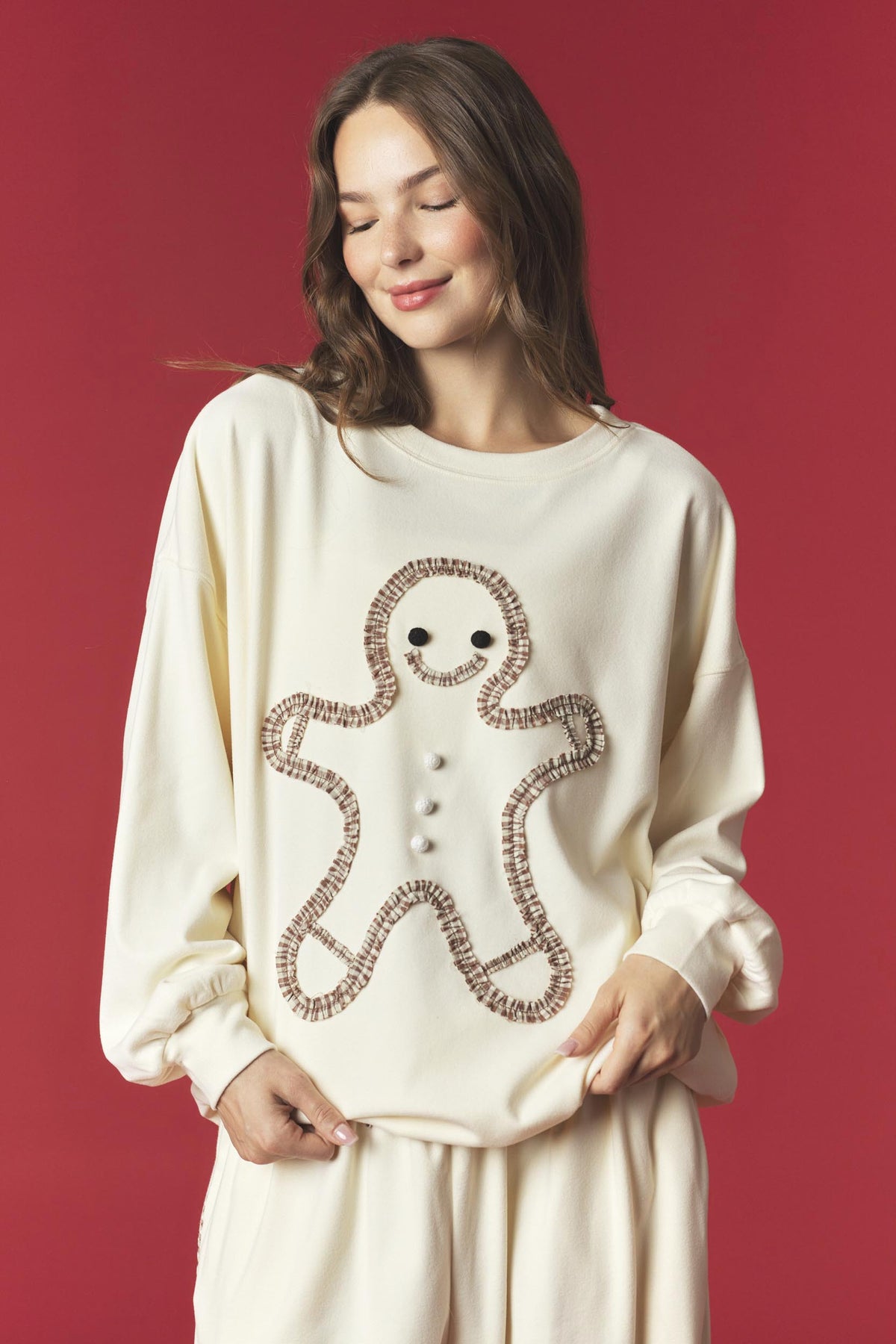 PEACH LOVE Women's Set Ruffle Ginger Bread on Top Detailed Brushed Knit Set