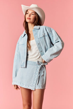 PEACH LOVE Women's Skirts Washed Frayed Denim Tape Detailed Wrap Skorts