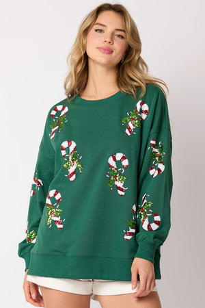 PEACH LOVE Women's Sweaters French Terry Pull Over With Sequins Candy Cane || David's Clothing