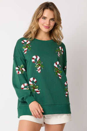 PEACH LOVE Women's Sweaters French Terry Pull Over With Sequins Candy Cane || David's Clothing