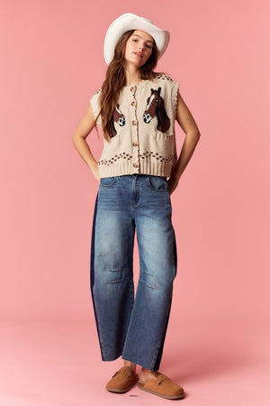 PEACH LOVE Women's Sweaters Horse And Horseshoe Detailed Knit Vest Cardigan