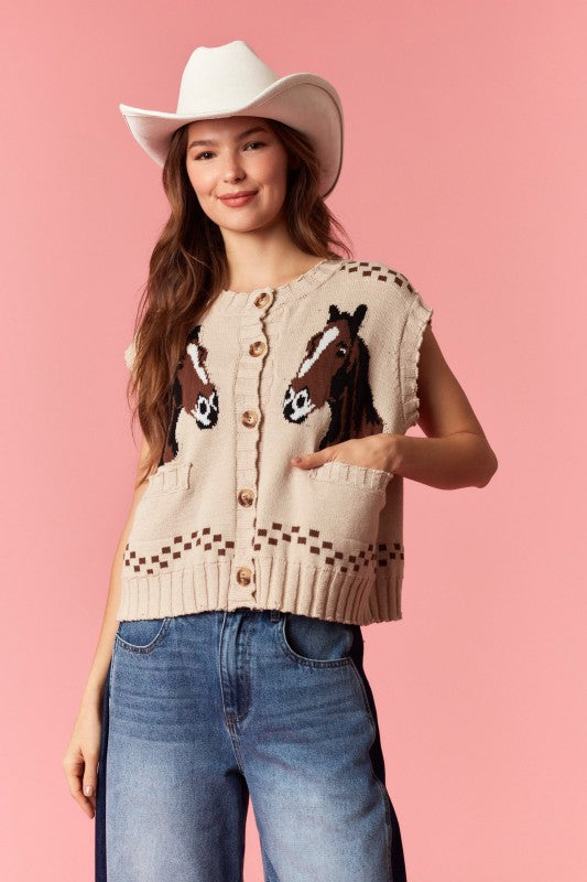 PEACH LOVE Women's Sweaters Horse And Horseshoe Detailed Knit Vest Cardigan