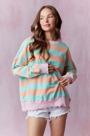 PEACH LOVE Women's Sweaters Stripe Terry Top with Lettuce Rib