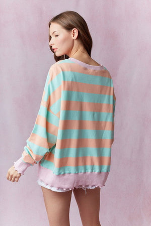 PEACH LOVE Women's Sweaters Stripe Terry Top with Lettuce Rib