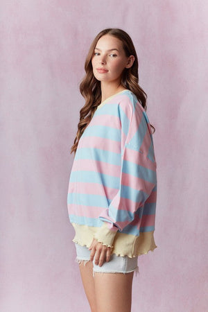 PEACH LOVE Women's Sweaters Stripe Terry Top with Lettuce Rib