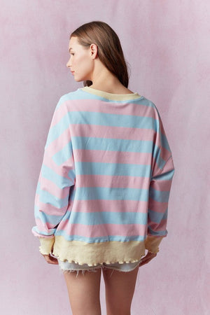 PEACH LOVE Women's Sweaters Stripe Terry Top with Lettuce Rib