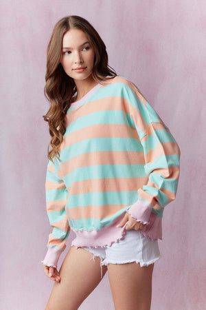 PEACH LOVE Women's Sweaters Stripe Terry Top with Lettuce Rib