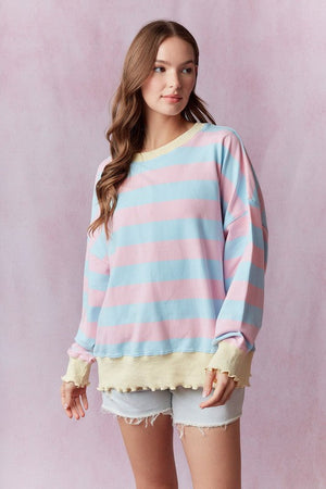 PEACH LOVE Women's Sweaters Stripe Terry Top with Lettuce Rib