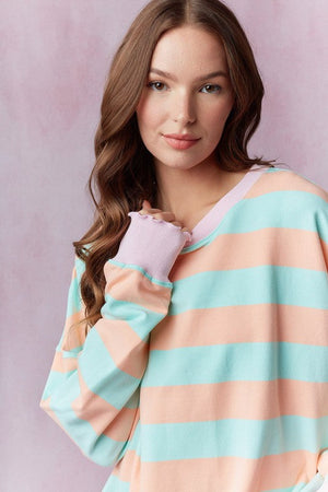 PEACH LOVE Women's Sweaters Stripe Terry Top with Lettuce Rib