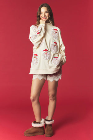 PEACH LOVE Women's Sweatshirt Santa Sherppa And Sequins Mock Neck Sweatshirt