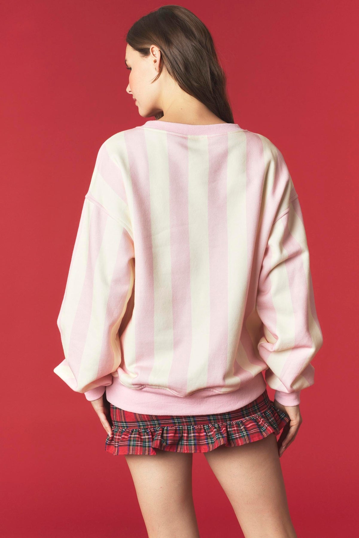 PEACH LOVE Women's Sweatshirts Stripe And Wreath Embroidery Fleeced Terry Sweatshirt