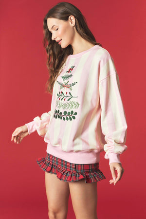 PEACH LOVE Women's Sweatshirts Stripe And Wreath Embroidery Fleeced Terry Sweatshirt