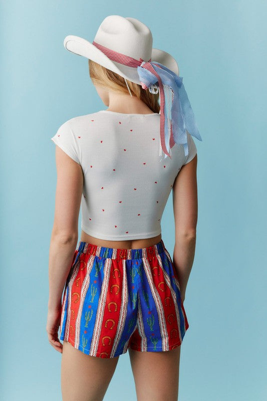 PEACH LOVE Women's Top Bow Ditsy Printed Pointelle Rib Cropped Top || David's Clothing