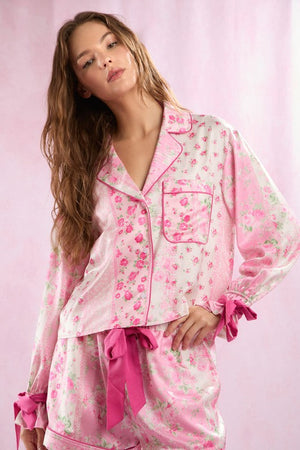 PEACH LOVE Women's Top Floral Printed Satin Pajamas Set || David's Clothing