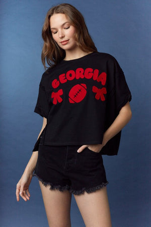 PEACH LOVE Women's Top 'Georgia' Heavy Crochet Embroidery Tee || David's Clothing