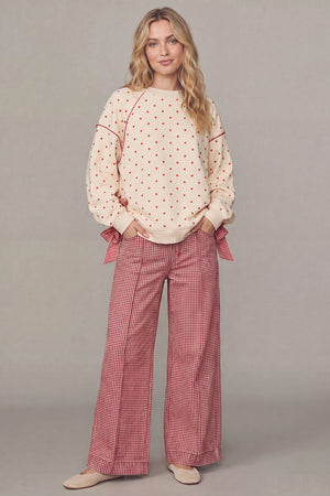 PEACH LOVE Women's Top Gingham Piping & Bow Tied Polka Dot Sweatshirt