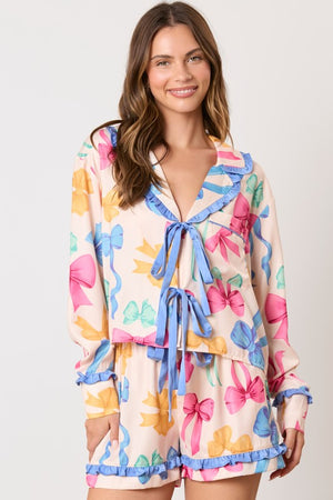 PEACH LOVE Women's Top Multi Color Ribbon Printed Pajama Shirt || David's Clothing