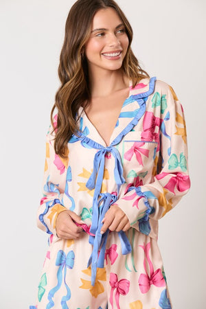 PEACH LOVE Women's Top Multi Color Ribbon Printed Pajama Shirt || David's Clothing