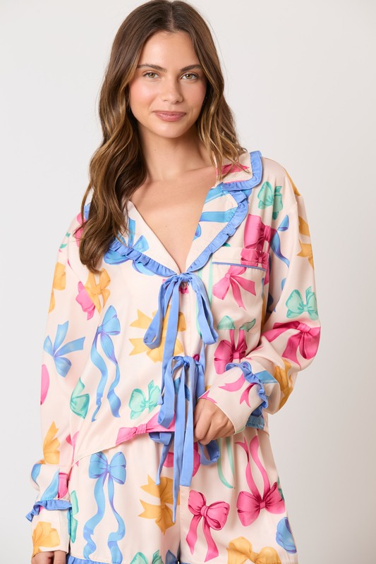 PEACH LOVE Women's Top Multi Color Ribbon Printed Pajama Shirt || David's Clothing