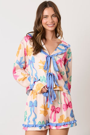 PEACH LOVE Women's Top Multi Color Ribbon Printed Pajama Shirt || David's Clothing