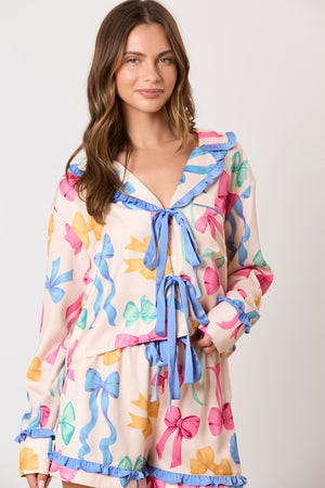 PEACH LOVE Women's Top Multi Color Ribbon Printed Pajama Shirt || David's Clothing