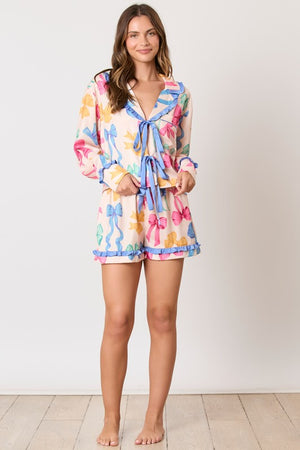 PEACH LOVE Women's Top Multi Color Ribbon Printed Pajama Shirt || David's Clothing