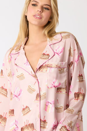 PEACH LOVE Women's Top Satin Birthday Cake Printed Pajama Shirt || David's Clothing