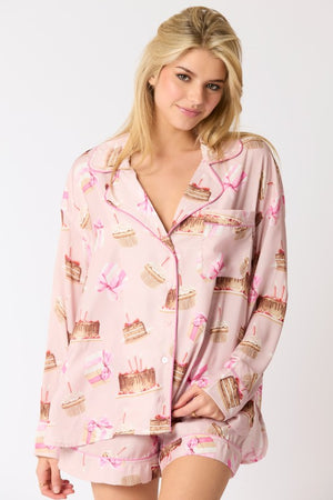 PEACH LOVE Women's Top Satin Birthday Cake Printed Pajama Shirt || David's Clothing