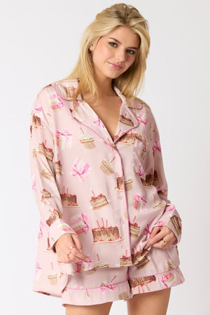 PEACH LOVE Women's Top Satin Birthday Cake Printed Pajama Shirt || David's Clothing