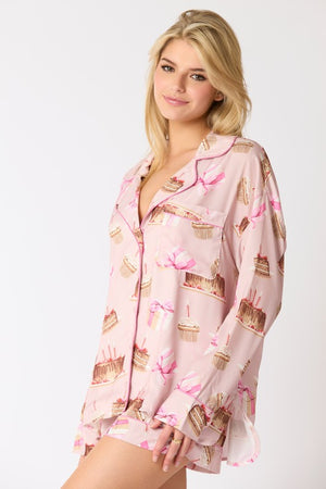 PEACH LOVE Women's Top Satin Birthday Cake Printed Pajama Shirt || David's Clothing