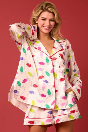 PEACH LOVE Women's Top Satin Christmas Lights Prints Pajama Set || David's Clothing