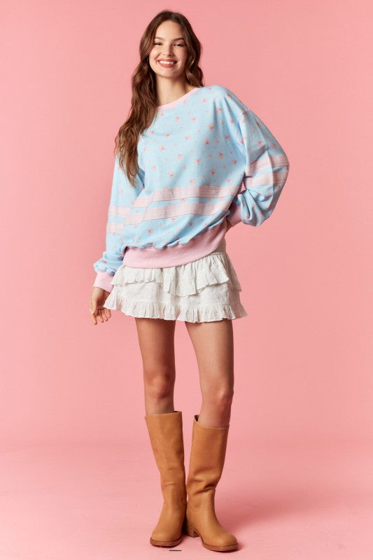 PEACH LOVE Women's Top Solid Double Grosgrain Floral Printed Sweatshirt