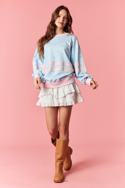 PEACH LOVE Women's Top Solid Double Grosgrain Floral Printed Sweatshirt