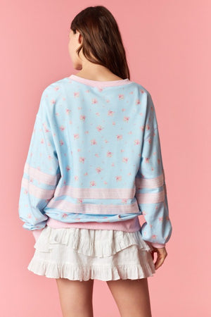 PEACH LOVE Women's Top Solid Double Grosgrain Floral Printed Sweatshirt