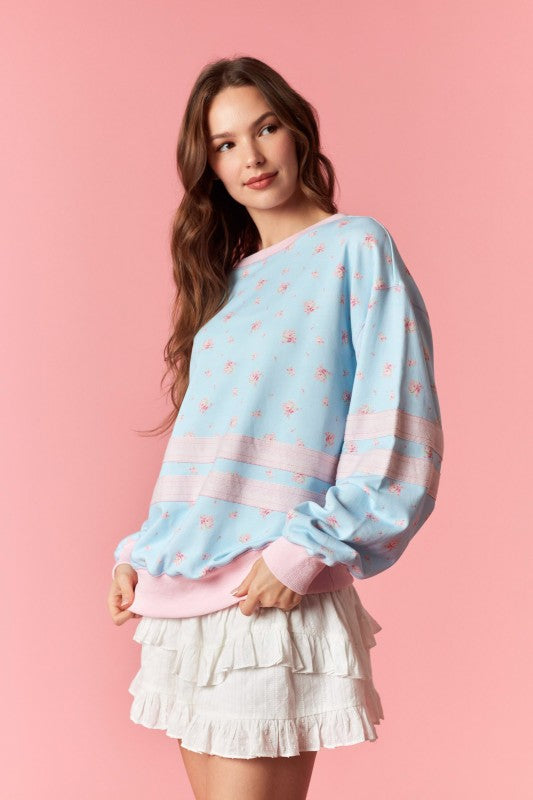 PEACH LOVE Women's Top Solid Double Grosgrain Floral Printed Sweatshirt