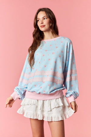 PEACH LOVE Women's Top Solid Double Grosgrain Floral Printed Sweatshirt