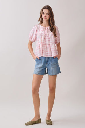 PRETTY FOLLIES Women's Top Floral Print Front Tie Neckline Peplum Hem Top